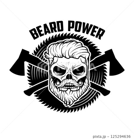 beard power. Skull with beard and two axes. Vector illustration. 125294636