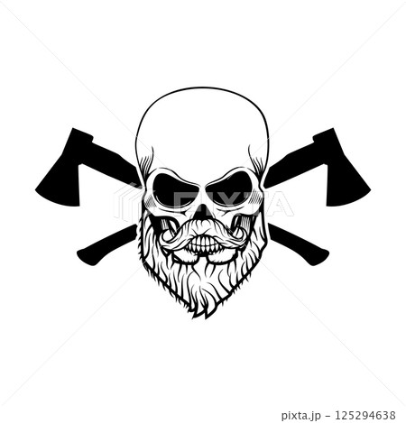 beard power. Skull with beard and two axes. Vector illustration. 125294638