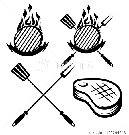 Piece of meat on the grill. Best grill. Design element for restaurant menu, poster. Vector illustration. 125294648