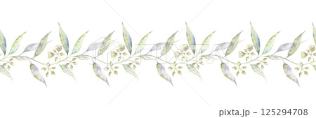 Eucalyptus seamless border in watercolor illustrative technique. Hand-drawn delicate branches in bloom. Soft pastel style. Perfect for wedding invites, packaging, or botanical designs 125294708