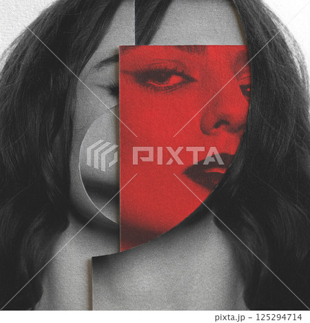 Abstract paper collage illustration with woman portrait elements 125294714