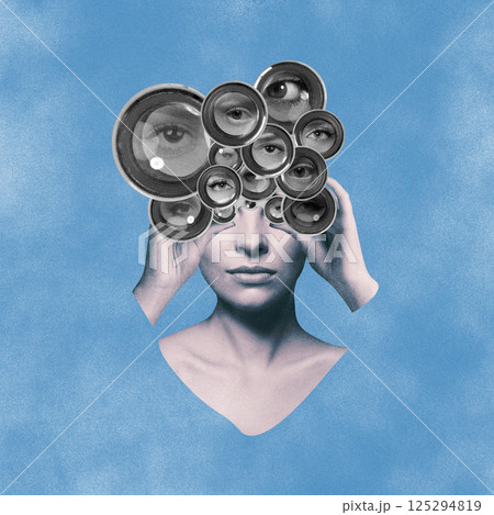 Surreal vision of woman with multiple camera lenses or binoculars for eyes collage Surreal vision of woman with multiple camera lenses or binoculars for eyes collage 125294819