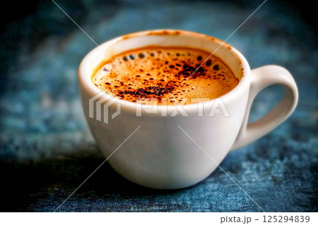 Cup of black coffee on the edge of a wooden table in a cafe coffee-shop with copy space Cup of black coffee on the edge of a wooden table in a cafe coffee-shop with copy space 125294839