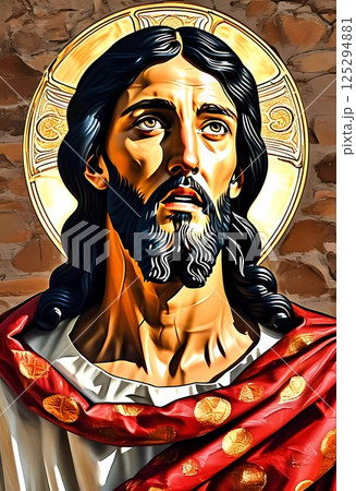 This striking artwork showcases Jesus Christ with a vibrant halo, gazing upwards with an expression of contemplation Generative AI 125294881