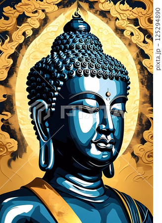 A mesmerizing sculpture of Buddha captures attention with its deep blue hue and serene expression. The backdrop of swirling golden clouds enhances the feeling of peace and spirituality Generative AI 125294890