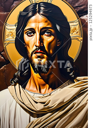 A representation of Jesus Christ, featuring a thoughtful expression and a radiant halo, stands against a backdrop of warm, glowing hues reminiscent of sunset, symbolizing hope and love Generative AI 125294973