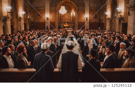 Large crowd of men are gathered in a room, some of them wearing religious clothing. Scene is one of reverence and respect, as the men are gathered for a religious event or ceremony 125295118