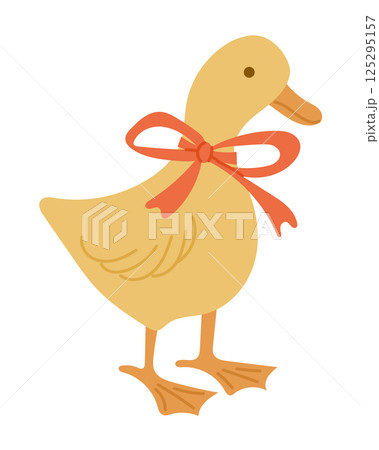 Cute hand drawn vector of yellow duck with red bow around its neck on white background. Charming animal illustration symbolizing innocence, farm life and childhood 125295157