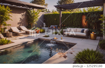 Pool with a fountain and a patio area with a patio set. The patio set includes a couch, chairs, and a table 125295180