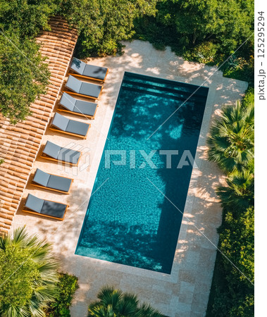 Aerial view of relaxation spaces surround tranquil swimming pool in lush garden setting during bright daylight 125295294