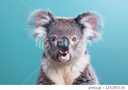 Koala with a surprised expression on face isolated on a blue background 125295316