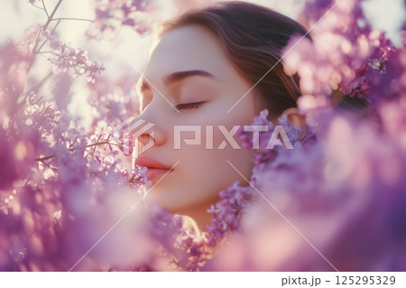 Woman enjoying a moment of tranquility among blooming lilac flowers in a serene garden during golden hour 125295329