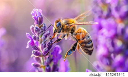 Buzzing honeybee collects nectar from vibrant lavender flowers during late summer afternoon in a serene garden setting 125295341