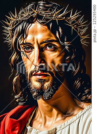 A striking portrayal of Jesus Christ, crowned with thorns, gazing thoughtfully. The expression conveys compassion and intensity, inviting reflection on faith and sacrifice Generative AI 125295400