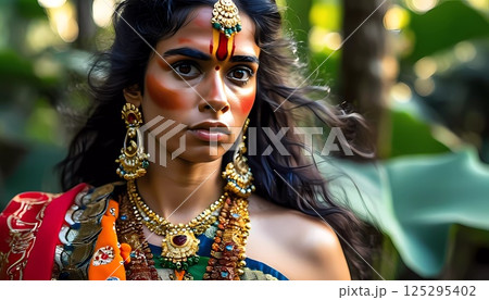 A young person radiates traditional elegance in colorful clothing and intricate jewelry, set against a vibrant green backdrop that reflects cultural celebration Generative AI 125295402