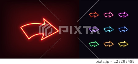 Outline neon curved arrow icon. Glowing neon bent arrow icon, curved pointer. Interface navigation, bent arrowhead indicator, direction to move, information pointer, motion arrow. Vector icon set Outline neon curved arrow icon. Glowing neon bent arrow icon, curved pointer. Interface navigation, bent arrowhead indicator, direction to move, information pointer, motion arrow. Vector icon set 125295489