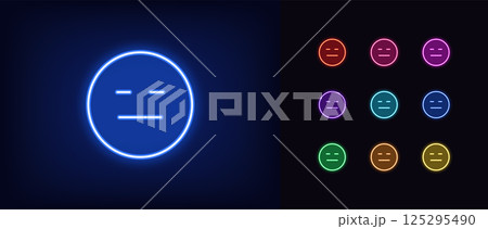 Outline neon expressionless emoji icon. Glowing neon emoticon with doubt face, emotionless emoji. Straight face, expression less, poker face, distrust emotion, mistrust emoticon. Vector icon set 125295490