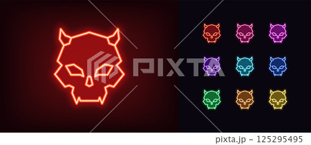 Outline neon demon skull icon. Glowing neon devil skull with horns and fangs, vampire cranium icon. Death face, scary skeleton head, evil, demon emoji, satan skull, monster cranium. Vector icon set Outline neon demon skull icon. Glowing neon devil skull with horns and fangs, vampire cranium icon. Death face, scary skeleton head, evil, demon emoji, satan skull, monster cranium. Vector icon set 125295495
