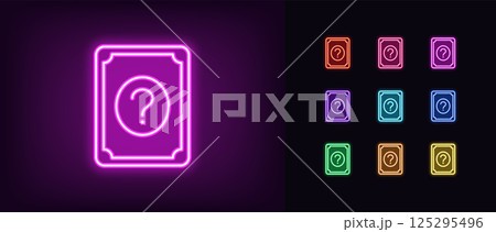 Outline neon quiz card icon. Glowing neon play card with question mark, guessing game icon. Quiz time, trivia game show, tarot card, guess answer, questionnaire, quiz competition. Vector icon set Outline neon quiz card icon. Glowing neon play card with question mark, guessing game icon. Quiz time, trivia game show, tarot card, guess answer, questionnaire, quiz competition. Vector icon set 125295496