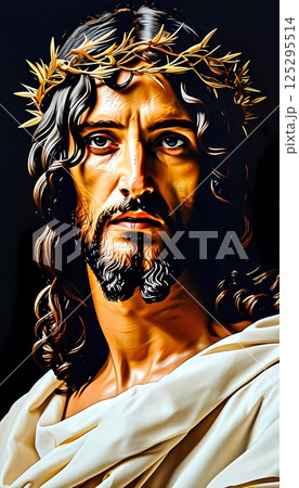 The figure of Jesus Christ captivates with his profound gaze, adorned with a crown of thorns against a dark background, embodying strength and compassion Generative AI 125295514