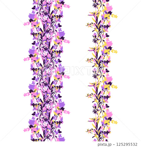 Seamless border with dry herbs and leaves in bold bright purple colors. Wild field and forest plants frame Seamless border with dry herbs and leaves in bold bright purple colors. Wild field and forest plants frame 125295532