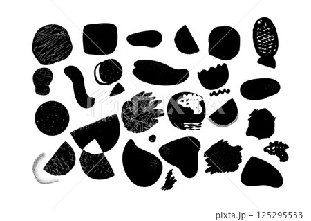 Bundle of black abstract organic shapes and blots isolate on white background. Moncohrome cutout elements for collages 125295533