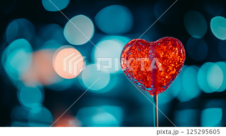 Lollipop red heart-shaped lollipop on a blue background. Valentine's concept, Valentine's Day in February 14 card. Heart candy. Minimal love concept. This is AI-generated item Lollipop red heart-shaped lollipop on a blue background. Valentine's concept, Valentine's Day in February 14 card. Heart candy. Minimal love concept. This is AI-generated item 125295605