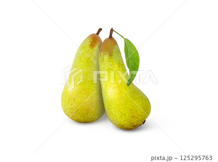 Two fresh conference pears isolated. Green pear with leaf. 125295763