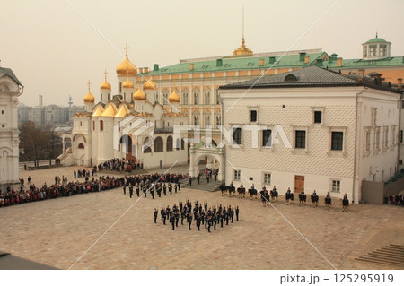 Moscow, Russia April 17, 2010: Military personnel of the Presidential Regiment demonstrate a ceremonial display of foot and horse guards in the Kremlin 125295919
