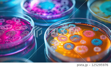 Vibrant bacterial colonies thrive within petri dishes, a visual of scientific research and discovery. 125295976