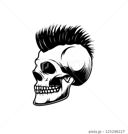 skull with mohawk hairstyle isolated on white background. Skulls with hair. Vector design element. 125296227