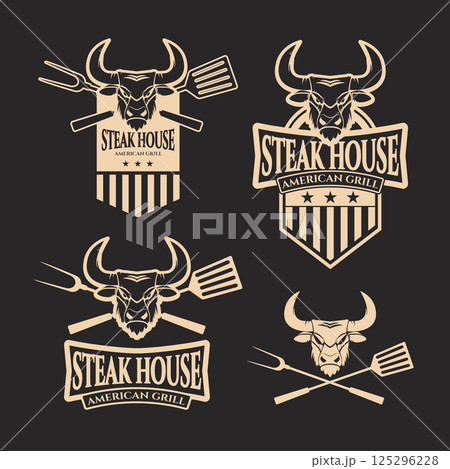 Set of steak house emblems templates. Grill. Barbecue and grill labels, badges, logos and emblems. Steak house restaurant menu design elements 125296228