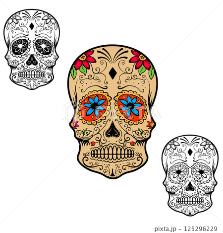 Set of sugar skulls isolated on white background. Day Of The Dead. Dia De Los Muertos. Vector illustration. 125296229