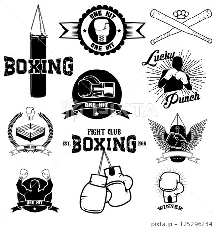 Set of the boxing club labels, emblems and design elements. Vector illustration. Set of the boxing club labels, emblems and design elements. Vector illustration. 125296234