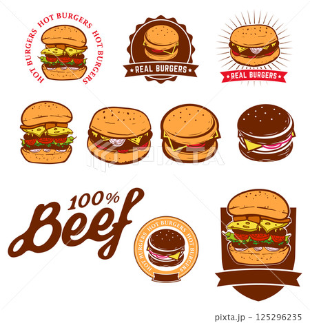 Set of logo, labels, stickers and logotype elements for fast food restaurant, cafe, hamburger and burger. Vector illustration. 125296235