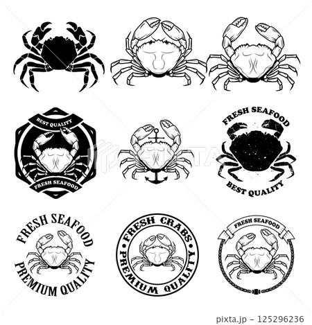 Set of the crab meat labels, emblems and design elements. Crab icons. Crab logo template. Crabs silhouettes. Vector design elements. 125296236