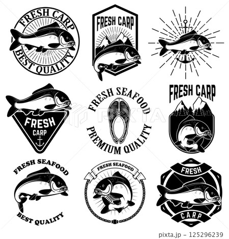 Set of the fresh carp labels, emblems and design elements. Carp fishing.  Design element for logo, label, emblem, sign. Vector illustration. 125296239