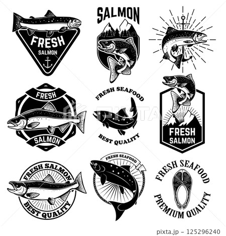 Set of the fresh salmon labels, emblems and design elements.Fresh salmon icons. Salmon fishing.  Vector design elements. 125296240