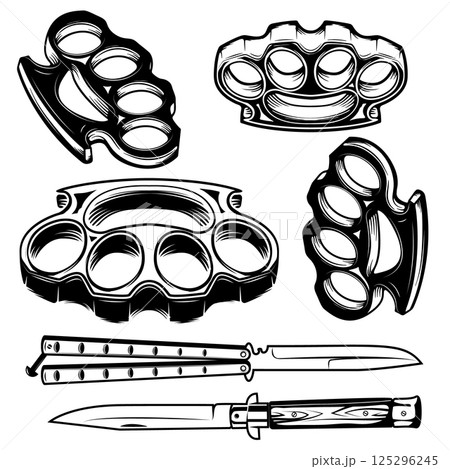 Set of the knives and brass knuckles. Vector illustration. 125296245