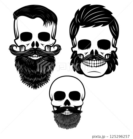 Set of the skulls with hairstyle and hats. Design elements for emblem, sign, poster, t-shirt print. Vector illustration. 125296257