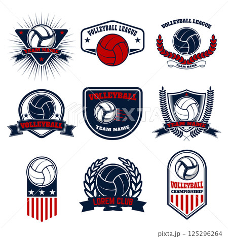 Set of volleyball labels and emblems. Design elements for logo, label, emblem, badge, sign. Vector illustration. 125296264