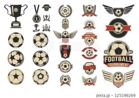 Set of football labels and design emblems isolated on white background. Soccer tournament. Vector design elements for logo, label, emblem. Set of football labels and design emblems isolated on white background. Soccer tournament. Vector design elements for logo, label, emblem. 125296269