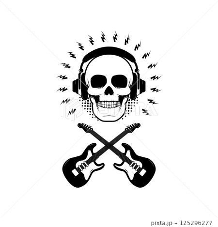 Skull in headphones with two crossing guitars on grunge background. Design element for poster, t-shirt print, emblem, badge, sign. Skull in headphones with two crossing guitars on grunge background. Design element for poster, t-shirt print, emblem, badge, sign. 125296277