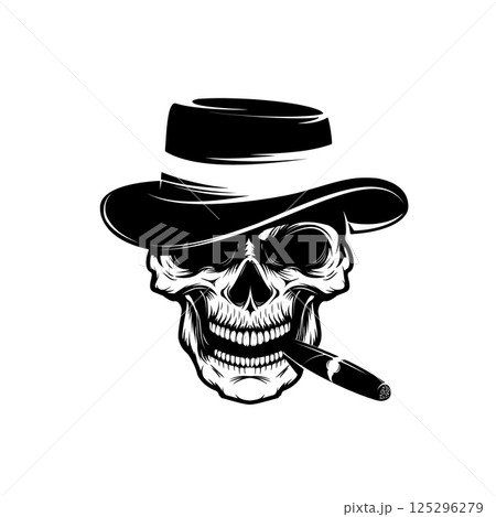 Skull with cigar and hat. Design element for emblem, badge, sign, t-shirt print. Vector illustration. Skull with cigar and hat. Design element for emblem, badge, sign, t-shirt print. Vector illustration. 125296279