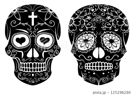 Set of sugar skulls isolated on white background. Day Of The Dead. Dia De Los Muertos. Vector illustration. Set of sugar skulls isolated on white background. Day Of The Dead. Dia De Los Muertos. Vector illustration. 125296280