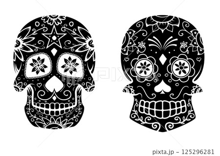 Set of sugar skulls isolated on white background. Day Of The Dead. Dia De Los Muertos. Vector illustration. Set of sugar skulls isolated on white background. Day Of The Dead. Dia De Los Muertos. Vector illustration. 125296281