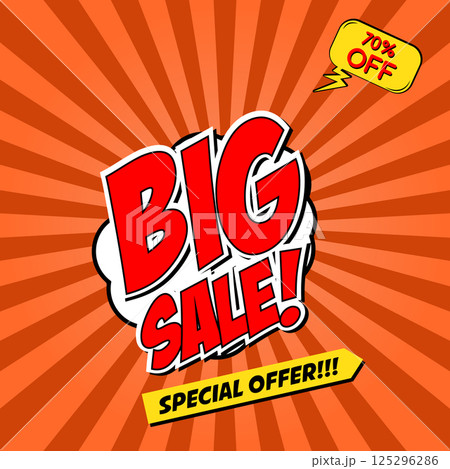 Big Sale!!! Comic style phrase on sunburst background. Design element for flyer, poster. Vector illustration. 125296286