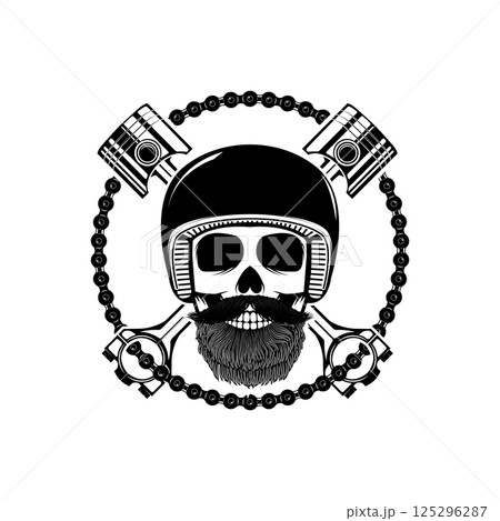 Born to ride. Skull in motorcycle helmet with crossed pistons. Design element for t-shirt print, poster, emblem. Vector illustration. 125296287