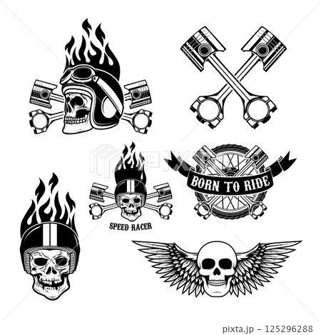 Speed racer. Born to ride. Set of emblems with human skulls in racing helmets. Vector illustration. 125296288