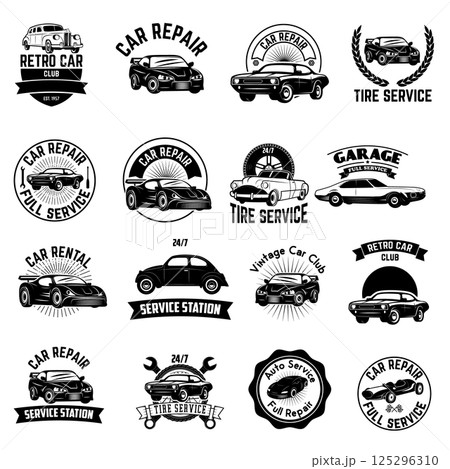Set of Car repair service labels. Retro vector design graphic element, emblem, logo, insignia, sign, identity, logotype, poster. Vector design elements. Set of Car repair service labels. Retro vector design graphic element, emblem, logo, insignia, sign, identity, logotype, poster. Vector design elements. 125296310